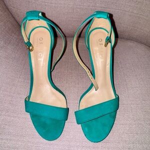 OFFICE London Two-Part Ankle-Strap Stiletto Sandals — Teal Suede